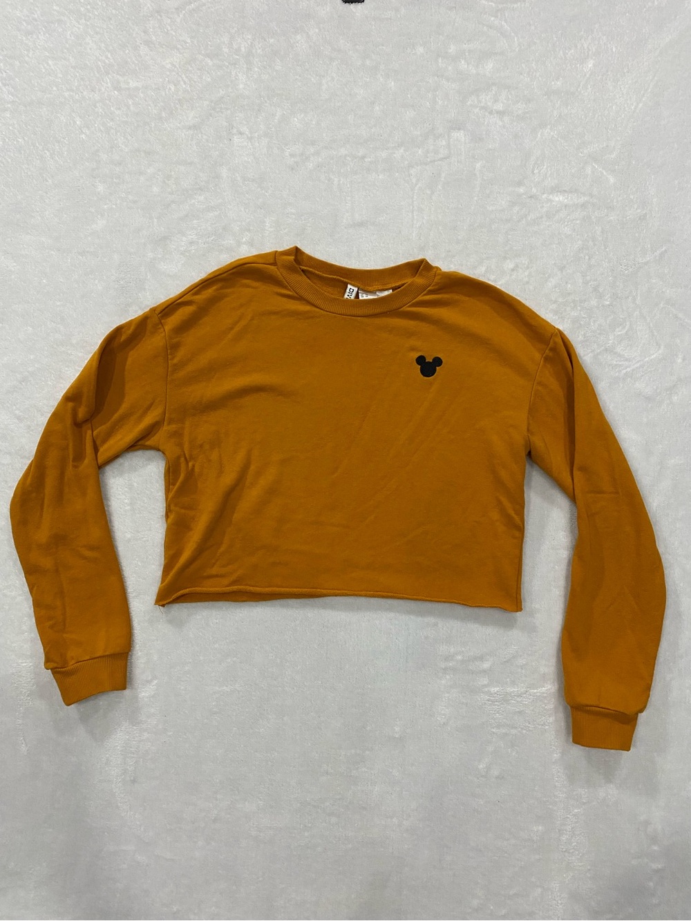 Cropped Mustard Long-Sleeve Top with Black Embroidered Mickey Icon - (XS)